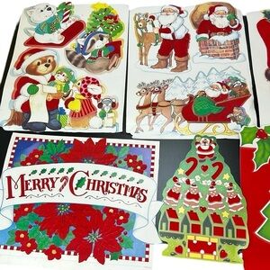 Vtg Eureka USA Velvety Flocked Die Cutout Cardboard Christmas Decor Santa Bears